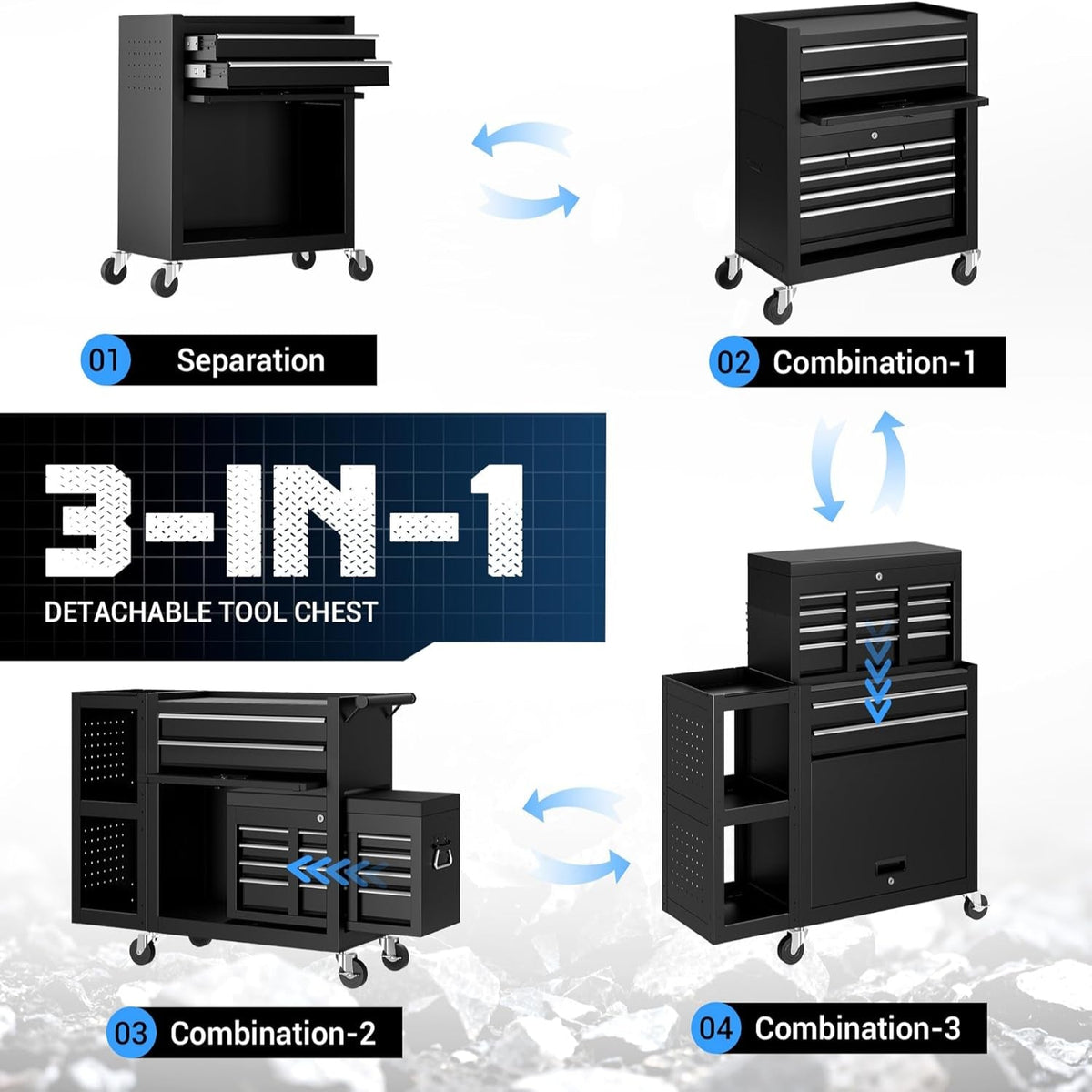 Metal Tool Chest, 8 Drawer Rolling Tool Chest with Wheels | Assembled Tool Storage Cabinet with Locking, Sliding Drawers & Detachable Top Tool Box, for Repair Room Garage Workshop