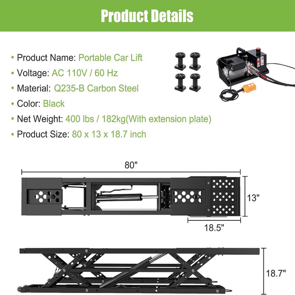 7000 LBS Portable Car Lift, Heavy Duty Quick Jack with 26.8" Max Height, Extended-Length Plates, 120V Power Unit, for Cars, Suvs, Light Trucks, Shop Use or Garage, Black
