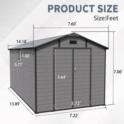 8x14 FT Plastic Outdoor Storage Shed - Lockable Resin Tool Shed with 2 Window & 3 Air vents