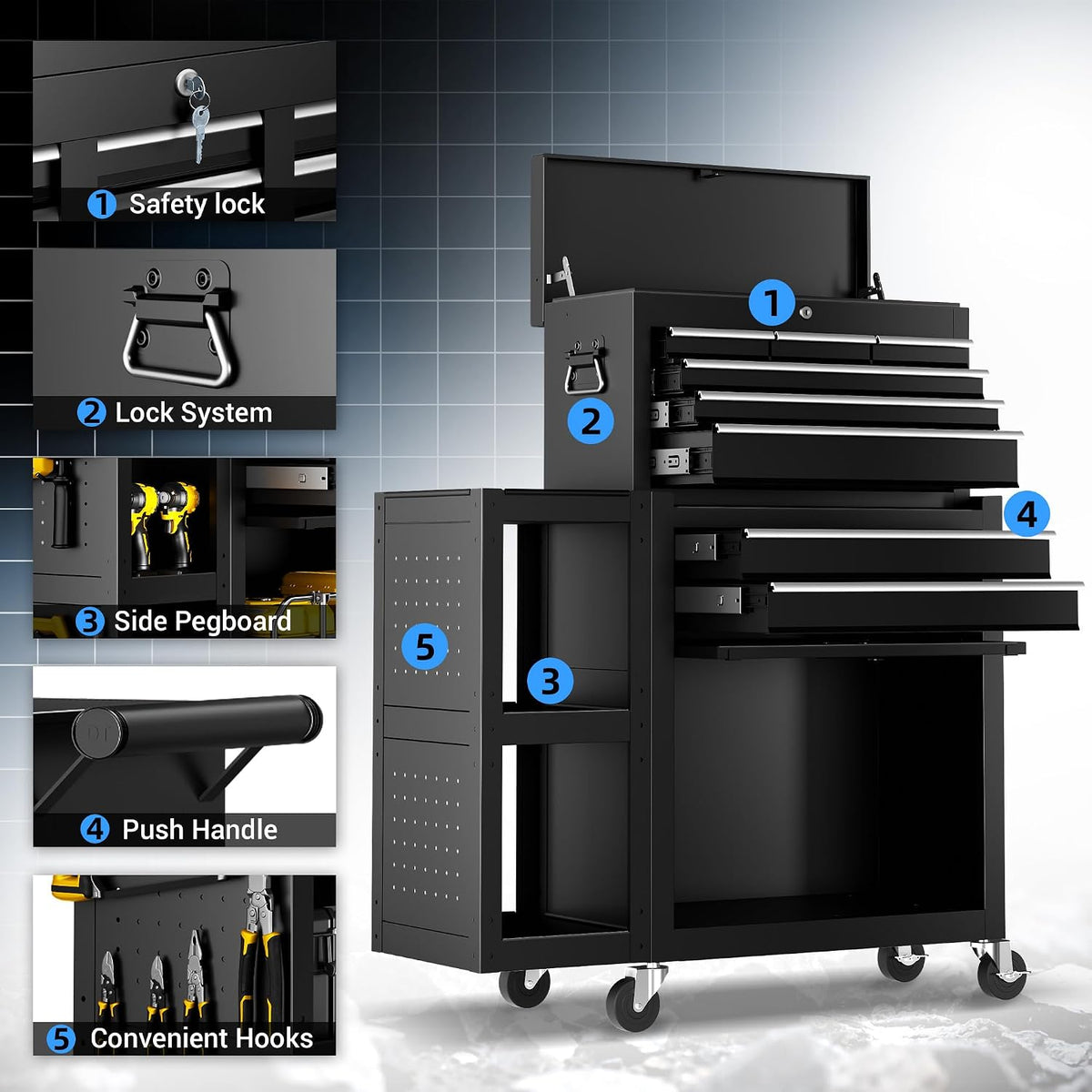 Metal Tool Chest, 8 Drawer Rolling Tool Chest with Wheels | Assembled Tool Storage Cabinet with Locking, Sliding Drawers & Detachable Top Tool Box, for Repair Room Garage Workshop