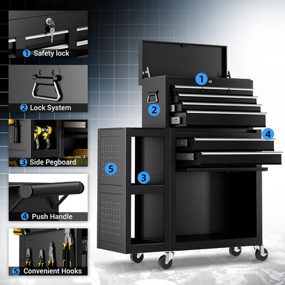 Metal Tool Chest, 8 Drawer Rolling Tool Chest with Wheels | Assembled Tool Storage Cabinet with Locking, Sliding Drawers & Detachable Top Tool Box, for Repair Room Garage Workshop