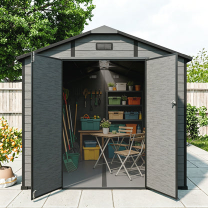 8x14 FT Plastic Outdoor Storage Shed - Lockable Resin Tool Shed with 2 Window & 3 Air vents